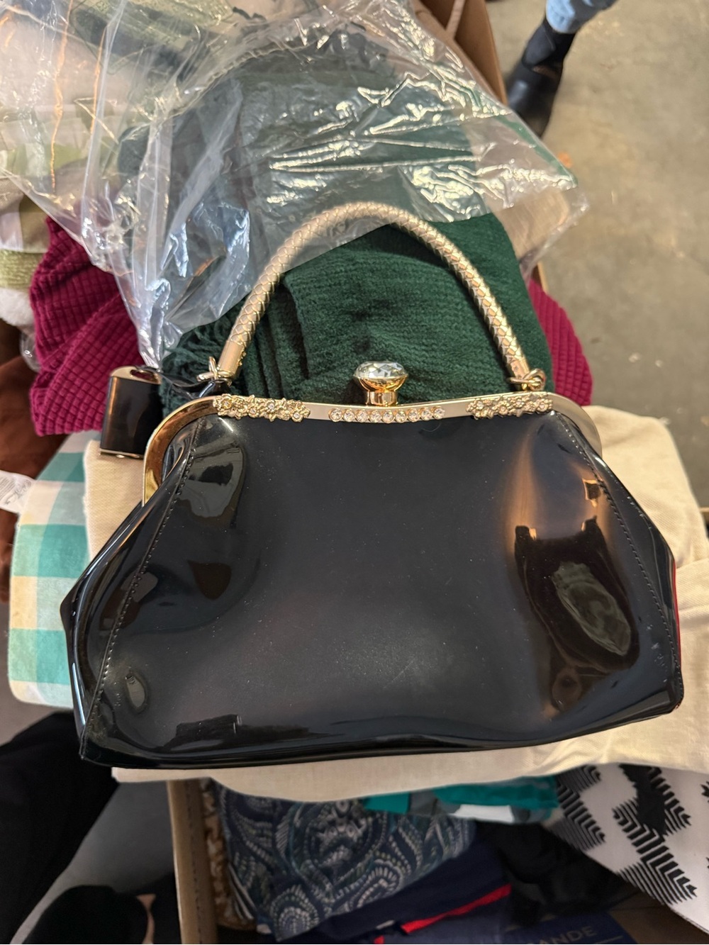 Elegant Black Patent Frame-Top Evening Bag